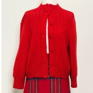 Vintage Red Cable-Knit Cardigan Cottagecore Cozy Winter Layering Retro Knitwear